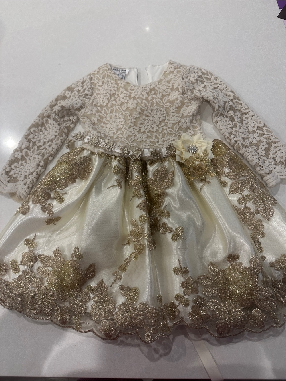 In Bloom Cream and Gold Lace Flower Girl Dress